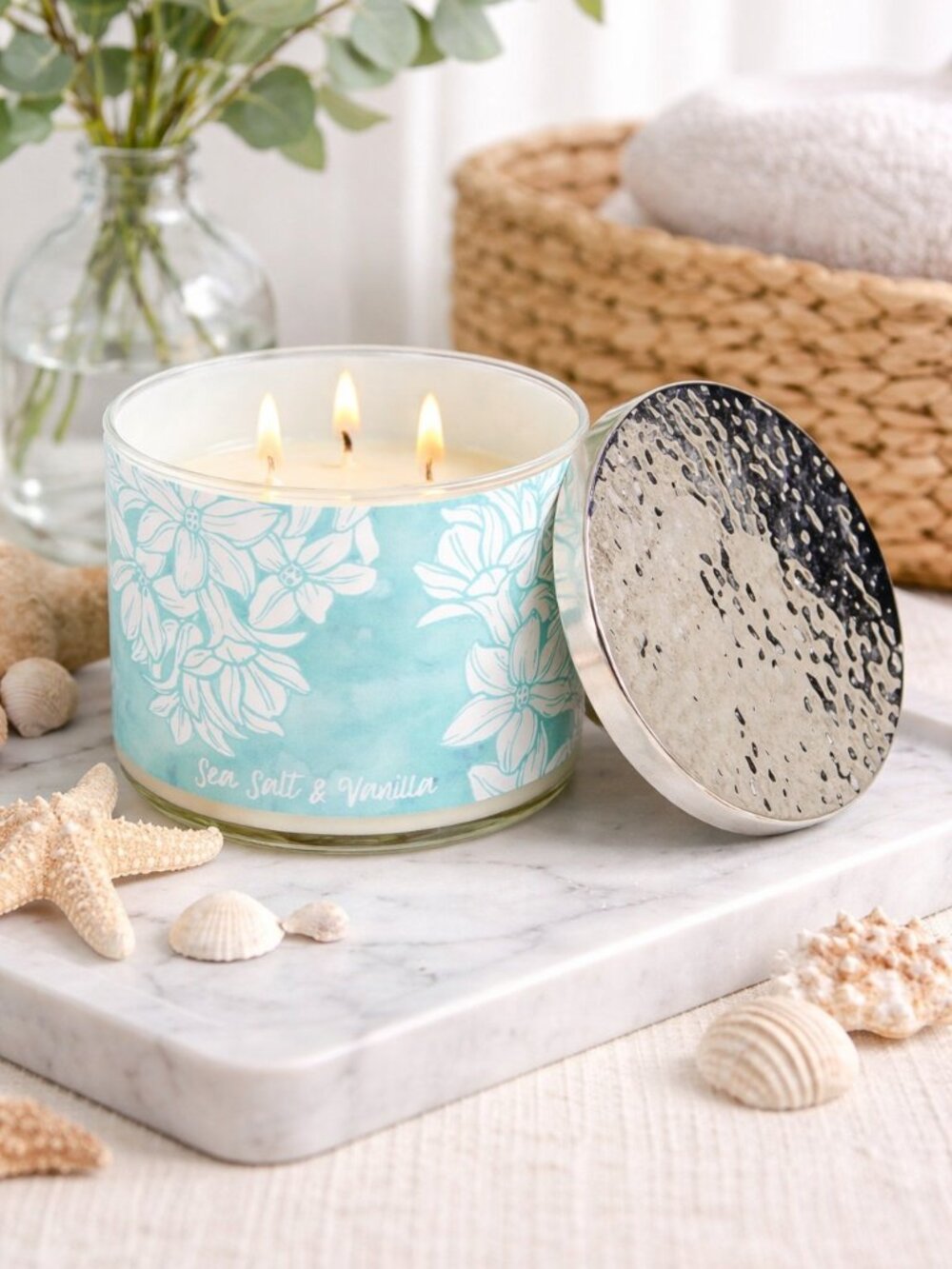Soy Candle 14 Oz Sea Salt & Vanilla 3 Wicks NEW
